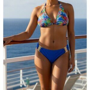 Tara Grinna 2 Piece Bikini Swimsuit Blue Sz 10  Bottoms D Cup Tie Top Medallion